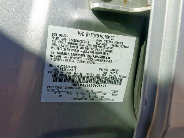 1MEFM42155G625695 - 2005 MERCURY MONTEGO PR SILVER photo 10