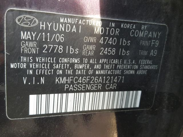 KMHFC46F26A121471 - 2006 HYUNDAI AZERA SE BLACK photo 10