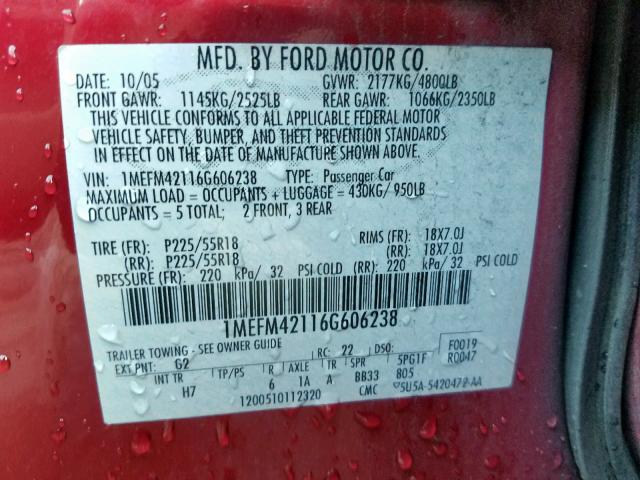 1MEFM42116G606238 - 2006 MERCURY MONTEGO PR წითელი ფოტო 10