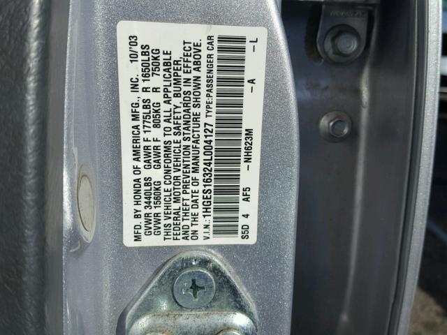 1HGES16324L004127 - 2004 HONDA CIVIC DX V SILVER photo 10