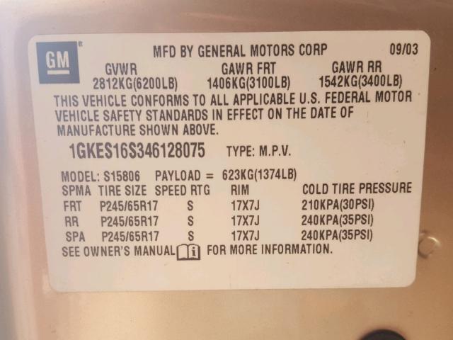 1GKES16S346128075 - 2004 GMC ENVOY XL TAN photo 10