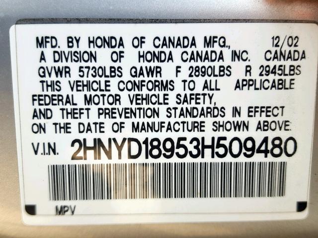 2HNYD18953H509480 - 2003 ACURA MDX TOURIN SILVER photo 10