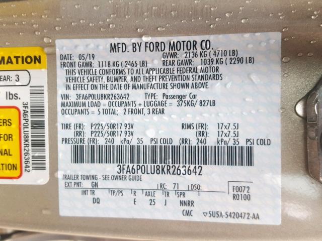 3FA6P0LU8KR263642 - 2019 FORD FUSION SE GOLD photo 10