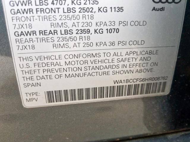 WA1BCCFS6HR008762 - 2017 AUDI Q3 PREMIUM GRAY photo 10