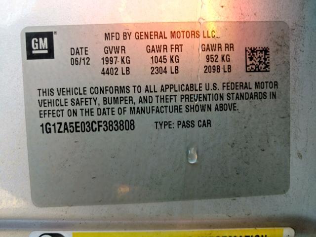 1G1ZA5E03CF383808 - 2012 CHEVROLET MALIBU LS SILVER photo 10