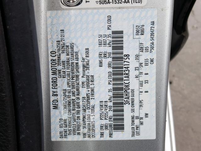 3FAHP0KC1AR341758 - 2010 FORD FUSION SPO SILVER photo 10