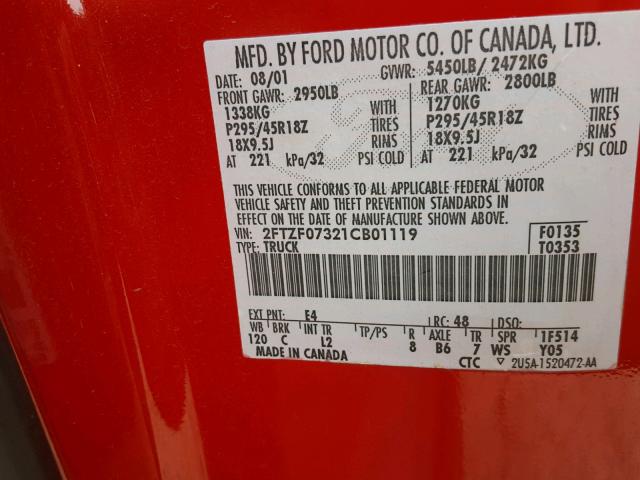 2FTZF07321CB01119 - 2001 FORD F150 SVT L RED photo 10