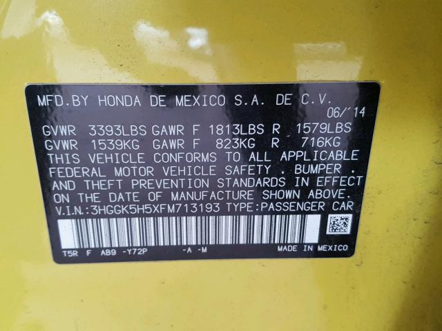 3HGGK5H5XFM713193 - 2015 HONDA FIT LX YELLOW photo 10