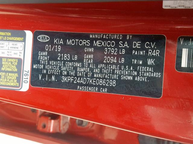 3KPF24AD7KE086298 - 2019 KIA FORTE FE RED photo 10