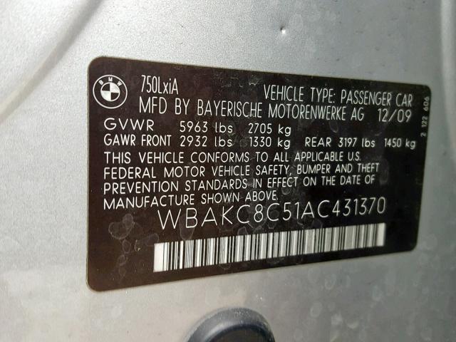 WBAKC8C51AC431370 - 2010 BMW 750 LI SILVER photo 10
