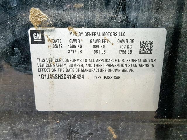 1G1JA5SH2C4196434 - 2012 CHEVROLET SONIC LS BLACK photo 10