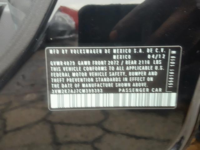 3VW2K7AJ7CM399393 - 2012 VOLKSWAGEN JETTA BASE BLACK photo 10