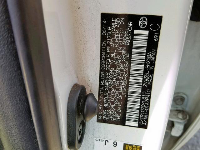 JTDKN3DP8E3064134 - 2014 TOYOTA PRIUS PLUG WHITE photo 10