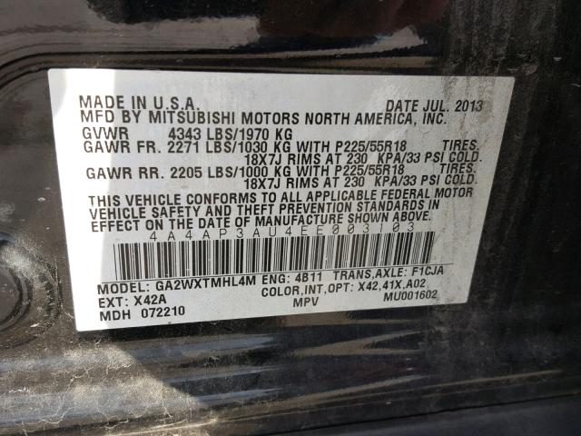 4A4AP3AU4EE003103 - 2014 MITSUBISHI OUTLANDER BLACK photo 10