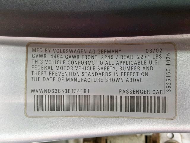 WVWND63B53E134181 - 2003 VOLKSWAGEN PASSAT GL SILVER photo 10