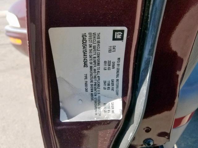 1G4CU541544143442 - 2004 BUICK PARK AVENU MAROON photo 10