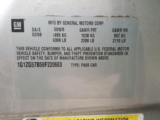 1G1ZG57B58F220663 - 2008 CHEVROLET MALIBU LS 银色 照片 10