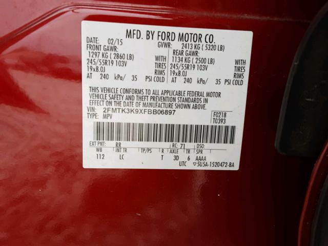 2FMTK3K9XFBB06897 - 2015 FORD EDGE TITAN RED photo 10