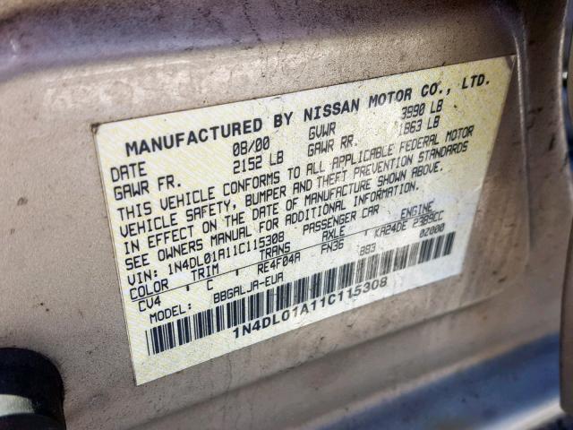 1N4DL01A11C115308 - 2001 NISSAN ALTIMA GXE GOLD photo 10