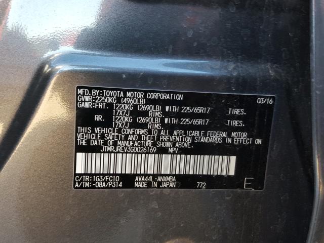 JTMRJREV3GD026169 - 2016 TOYOTA RAV4 HV XL CHARCOAL photo 10