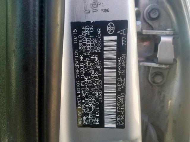 JTDKDTB33F1114597 - 2015 TOYOTA PRIUS C SILVER photo 10