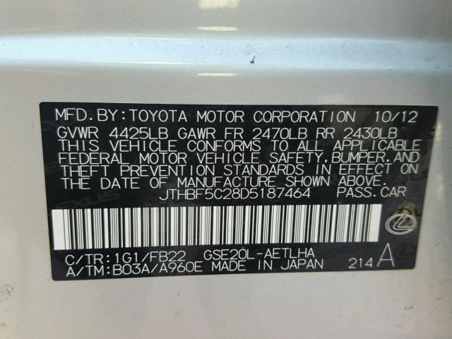 JTHBF5C28D5187464 - 2013 LEXUS IS 250 SILVER photo 10