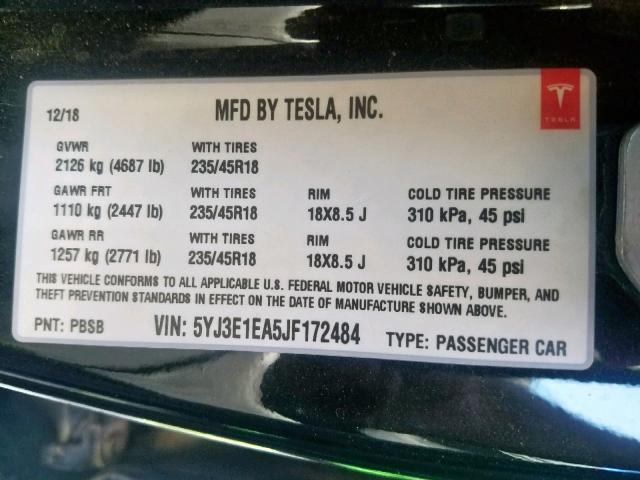 5YJ3E1EA5JF172484 - 2018 TESLA MODEL 3 BLUE photo 10