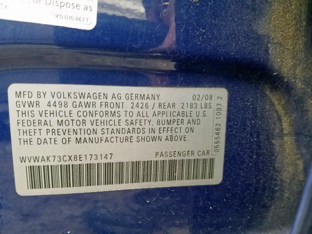 WVWAK73CX8E173147 - 2008 VOLKSWAGEN PASSAT KOM BLUE photo 10