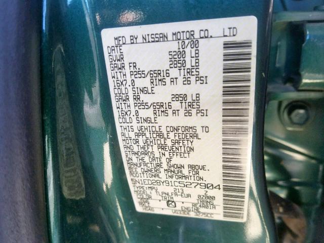 5N1ED28Y91C527904 - 2001 NISSAN XTERRA XE GREEN photo 10