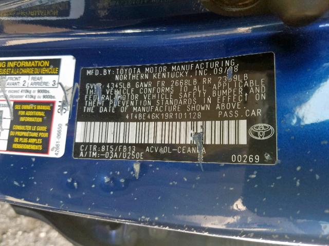 4T4BE46K19R101128 - 2009 TOYOTA CAMRY BASE BLUE photo 10