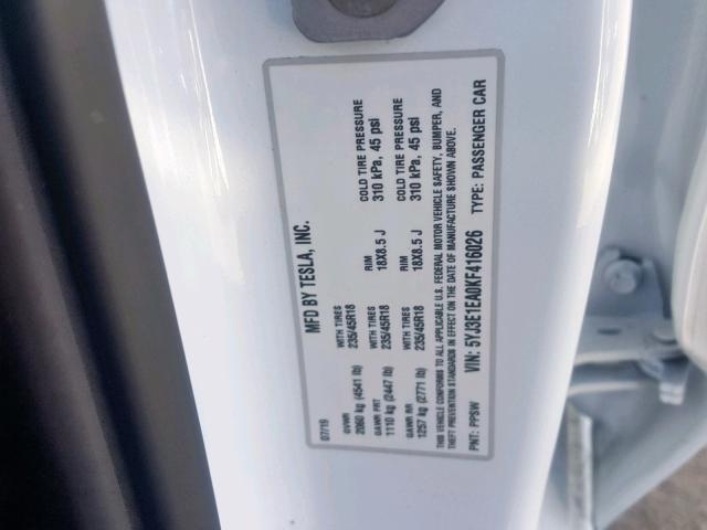 5YJ3E1EA0KF416026 - 2019 TESLA MODEL 3 WHITE photo 10