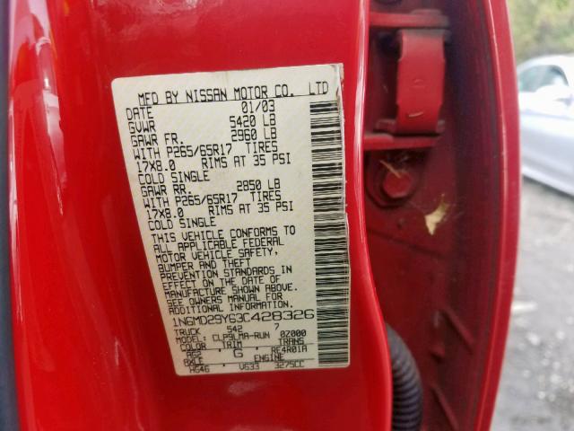 1N6MD29Y63C428326 - 2003 NISSAN FRONTIER C RED photo 10