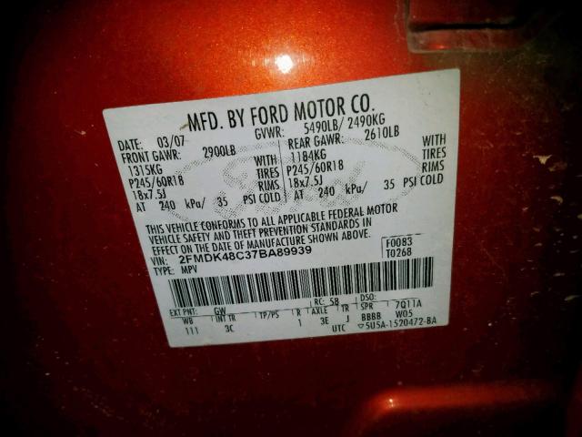 2FMDK48C37BA89939 - 2007 FORD EDGE SEL ORANGE photo 10