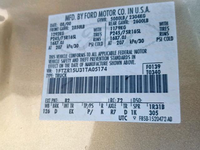 1FTZR15U31TA05174 - 2001 FORD RANGER SUP GOLD photo 10