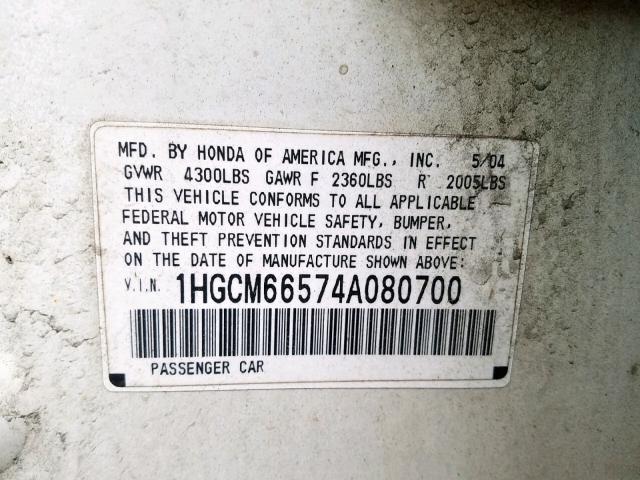 1HGCM66574A080700 - 2004 HONDA ACCORD EX WHITE photo 10