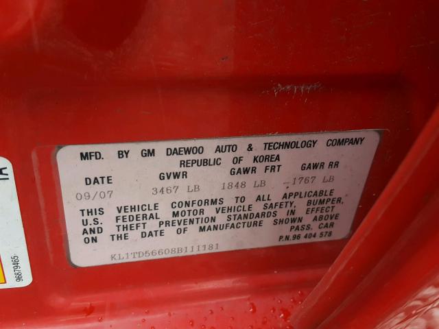 KL1TD56608B111181 - 2008 CHEVROLET AVEO BASE Қызыл фото 10