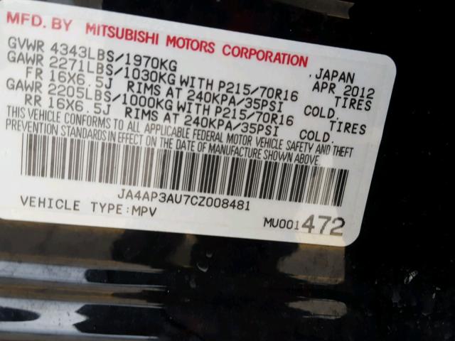 JA4AP3AU7CZ008481 - 2012 MITSUBISHI OUTLANDER BLACK photo 10