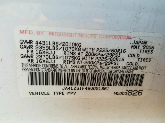 JA4LZ31F46U051861 - 2006 MITSUBISHI OUTLANDER WHITE photo 10