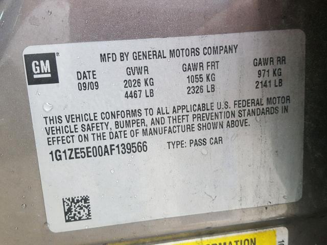 1G1ZE5E00AF139566 - 2010 CHEVROLET MALIBU LTZ 棕色 照片 10