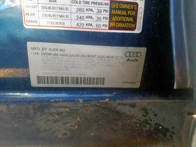 WAUNF78PX7A120002 - 2007 AUDI A3 2.0 PRE BLUE photo 10