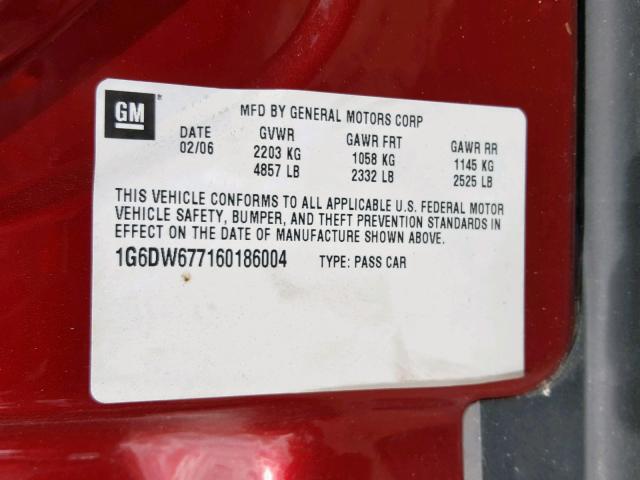 1G6DW677160186004 - 2006 CADILLAC STS RED photo 10