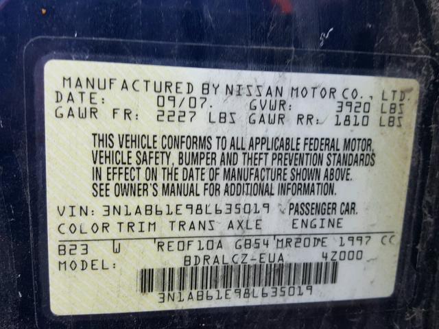 3N1AB61E98L635019 - 2008 NISSAN SENTRA 2.0 BLUE photo 10