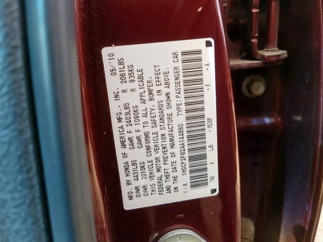 1HGCP2F82AA144860 - 2010 HONDA ACCORD EXL BURGUNDY photo 10