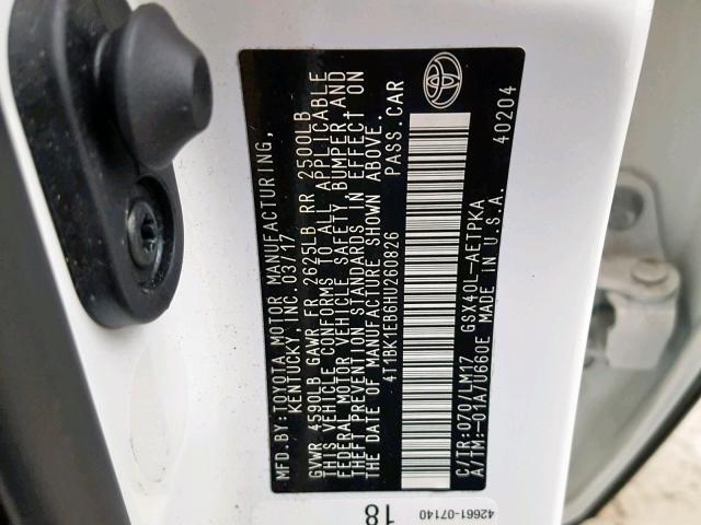 4T1BK1EB6HU260826 - 2017 TOYOTA AVALON XLE WHITE photo 10