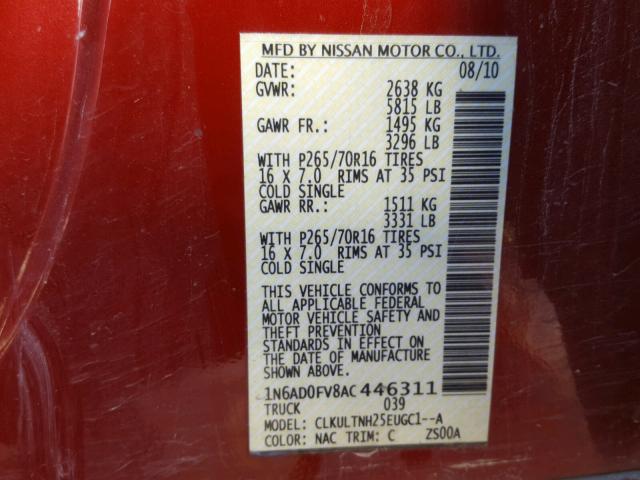 1N6AD0FV8AC446311 - 2010 NISSAN FRONTIER C RED photo 10