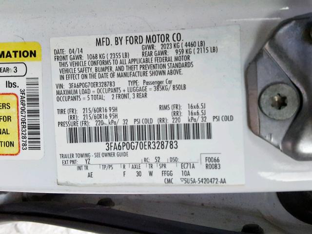 3FA6P0G70ER328783 - 2014 FORD FUSION S WHITE photo 10