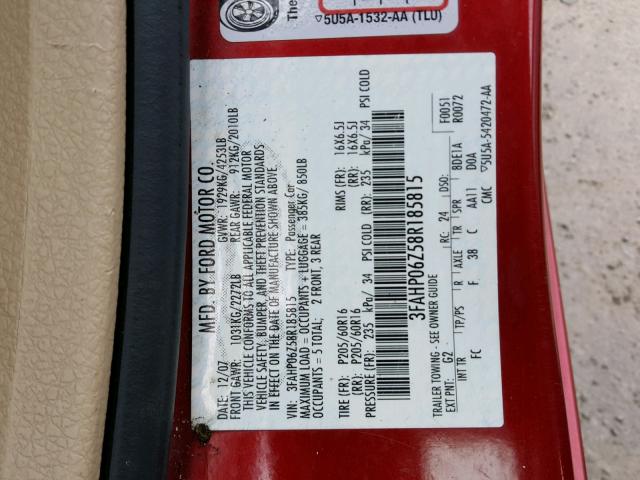 3FAHP06Z58R185815 - 2008 FORD FUSION S RED photo 10