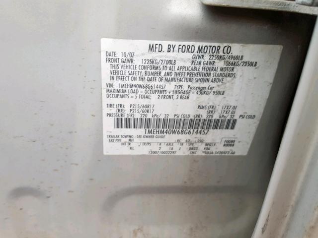 1MEHM40W68G614457 - 2008 MERCURY SABLE LUXU SILVER photo 10