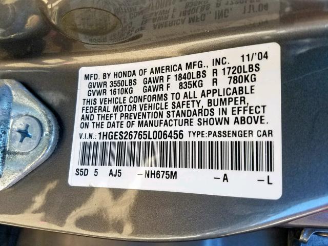 1HGES26765L006456 - 2005 HONDA CIVIC EX GRAY photo 10