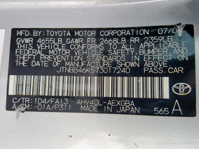 JTNBB46K573017240 - 2007 TOYOTA CAMRY NEW SILVER photo 10